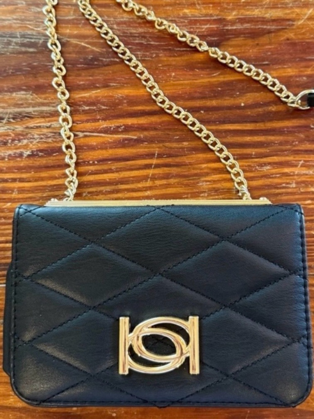 bebe Abigail Black Quilted Crossbody Wallet Chain Bag Gold Logo NWT